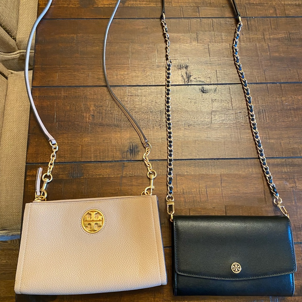 Two Tory Burch cross body bags.  1 tan / beige and 1 black